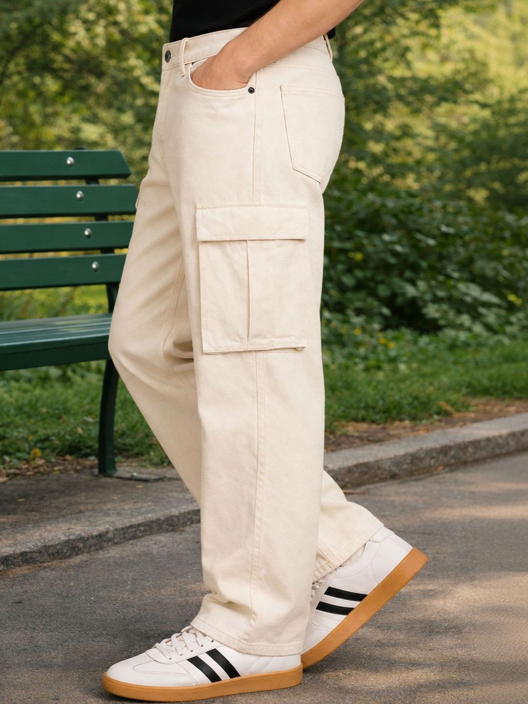 W.T.F Men Pure Cotton Comfort Ecru Wide Leg Jeans