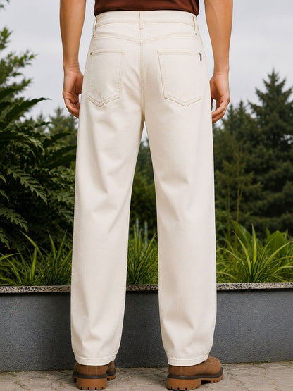 W.T.F Men Pure Cotton Comfort Off White Straight Fit Jeans