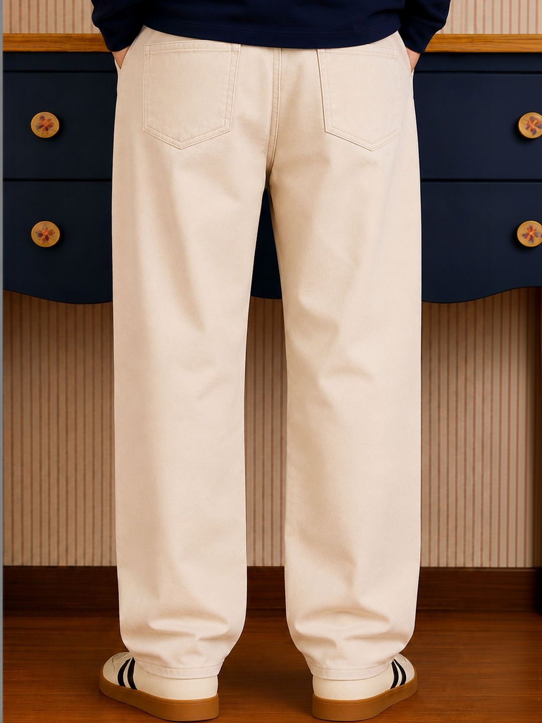 W.T.F Men Pure Cotton Comfort Ecru Straight Fit Jeans