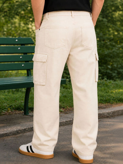 W.T.F Men Pure Cotton Comfort Ecru Wide Leg Jeans