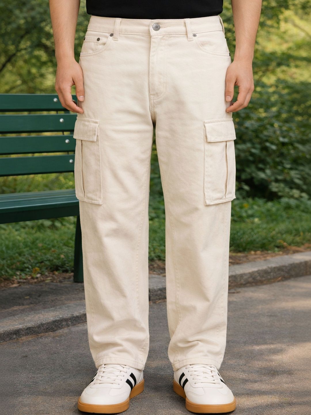 W.T.F Men Pure Cotton Comfort Ecru Wide Leg Jeans