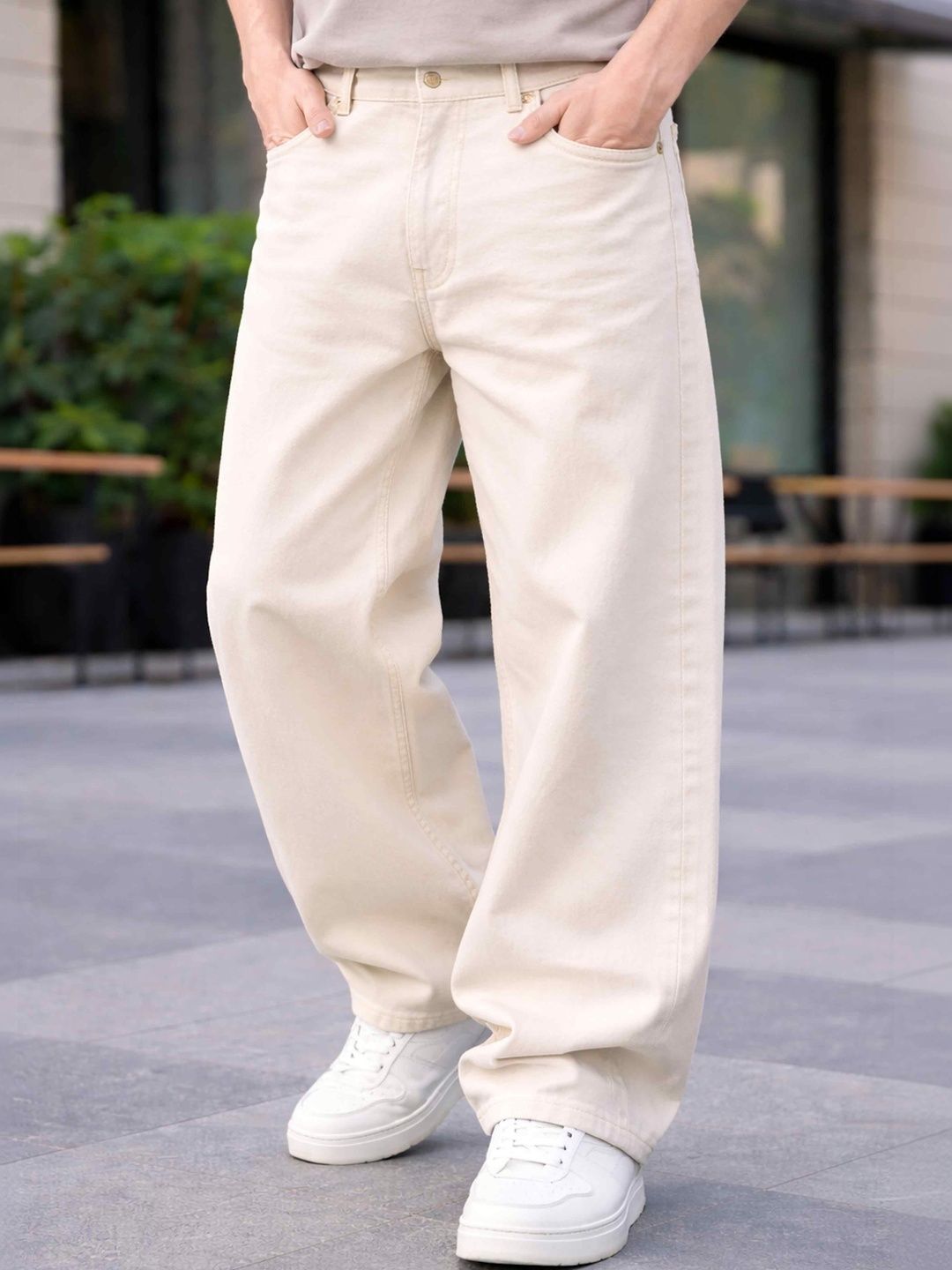 W.T.F Unisex Pure Cotton Comfort Off White Relaxed Fit Jeans