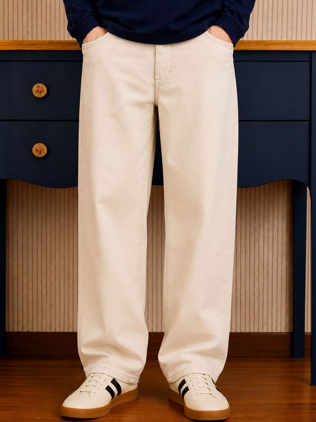 W.T.F Men Pure Cotton Comfort Ecru Straight Fit Jeans