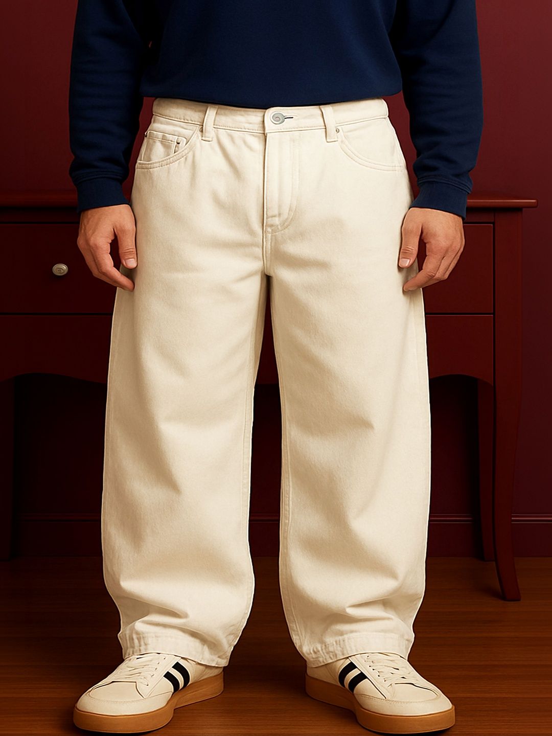 W.T.F Unisex Pure Cotton Comfort Ecru Baggy Jeans