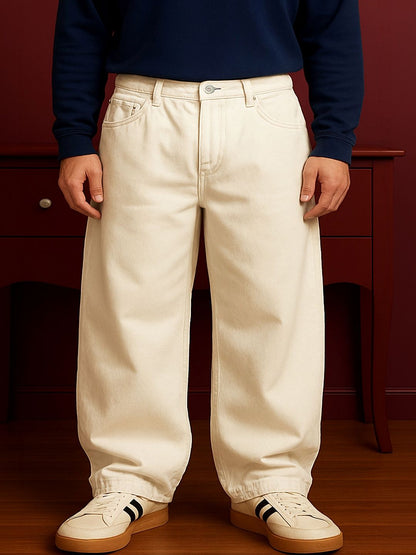 W.T.F Unisex Pure Cotton Comfort Ecru Baggy Jeans