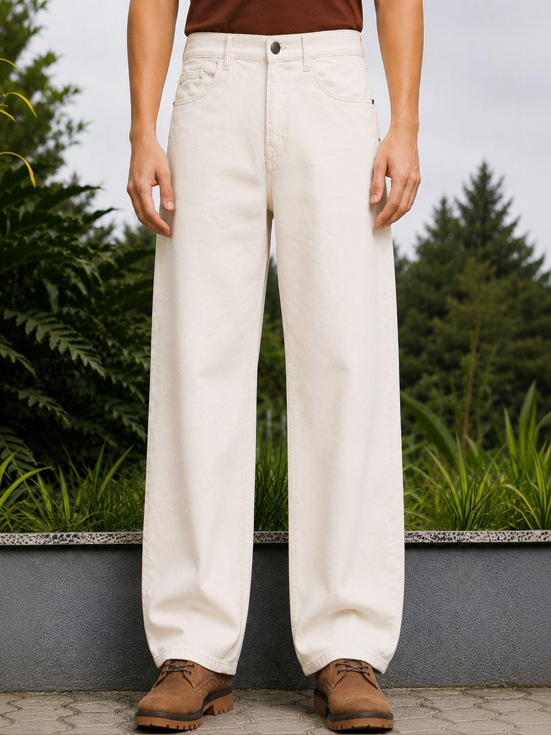 W.T.F Men Pure Cotton Comfort Off White Straight Fit Jeans