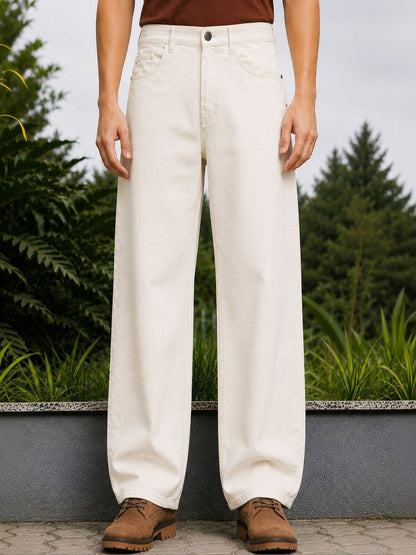 W.T.F Men Pure Cotton Comfort Off White Straight Fit Jeans