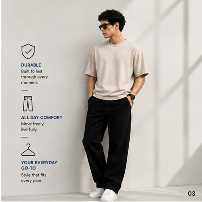W.T.F Men Black Relaxed Fit Jeans
