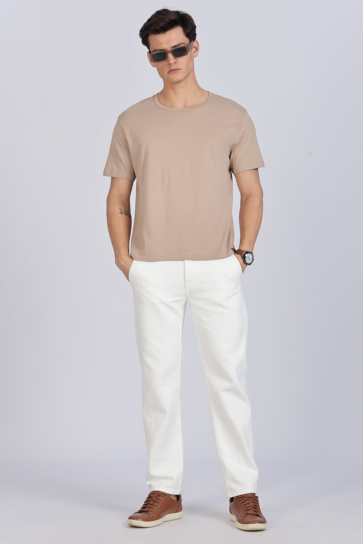 Men Casual Regular Fit Off White Mid Rise Jeans