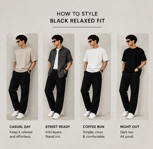 W.T.F Men Black Relaxed Fit Jeans