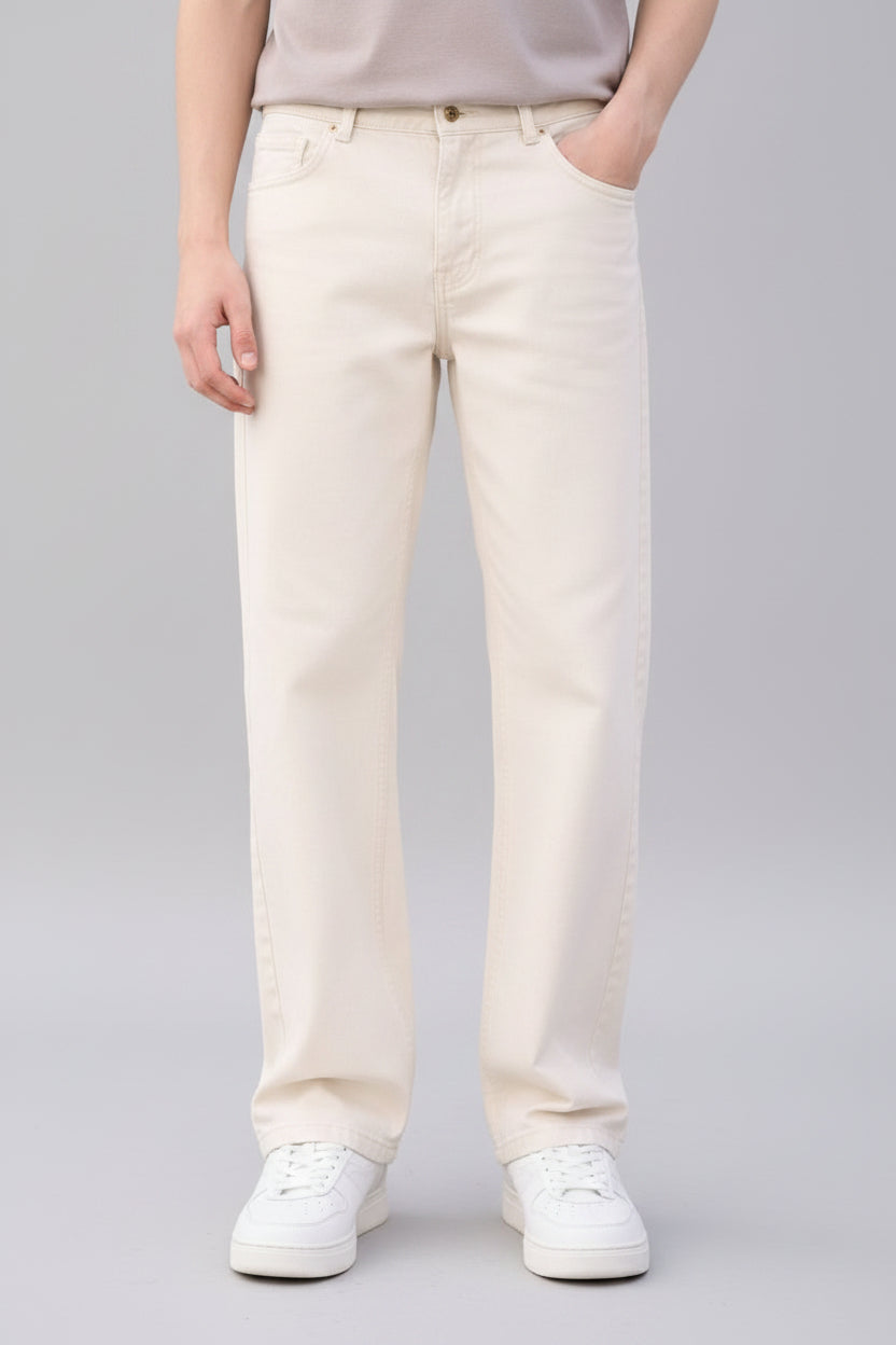 W.T.F Unisex Pure Cotton Comfort Off White Relaxed Fit Jeans