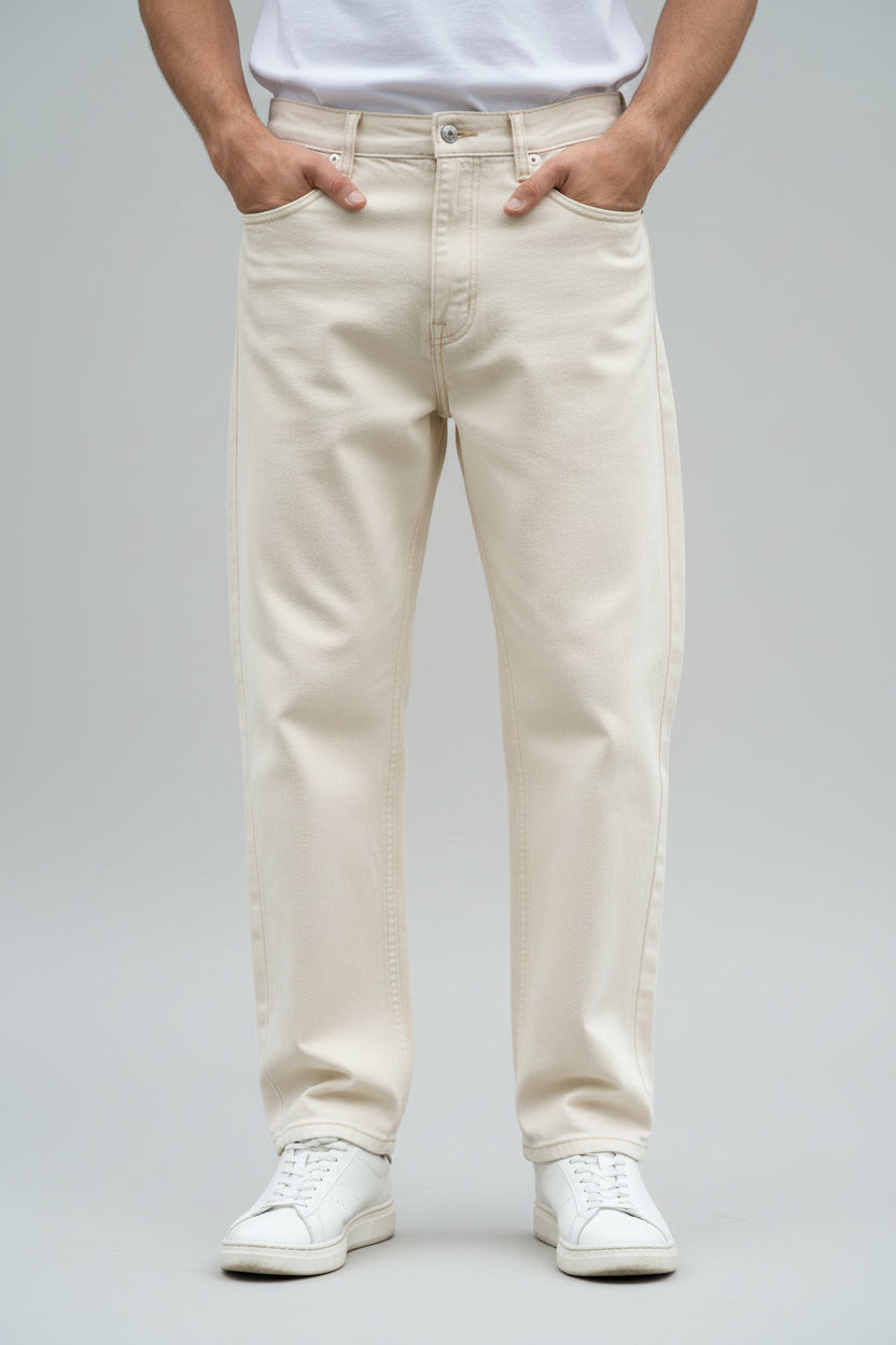 W.T.F Unisex Pure Cotton Comfort Off White Relaxed Fit Jeans