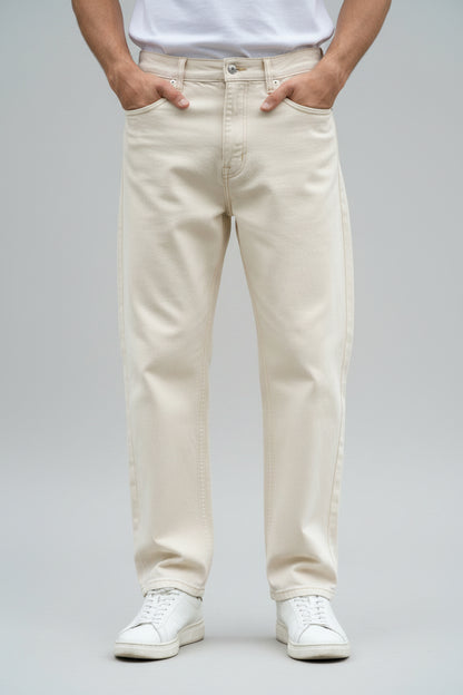 W.T.F Unisex Pure Cotton Comfort Off White Relaxed Fit Jeans